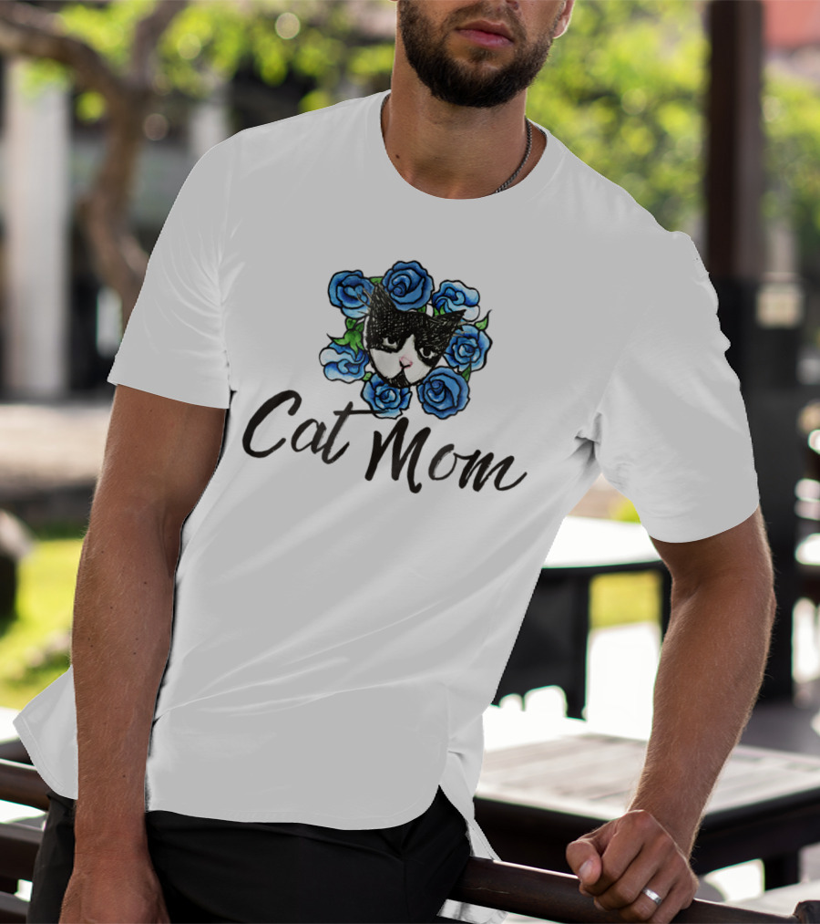 Cat Mom Floral Tuxedo Cat Blue Roses T-Shirt