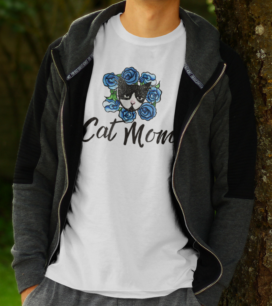 Cat Mom Floral Tuxedo Cat Blue Roses T-Shirt