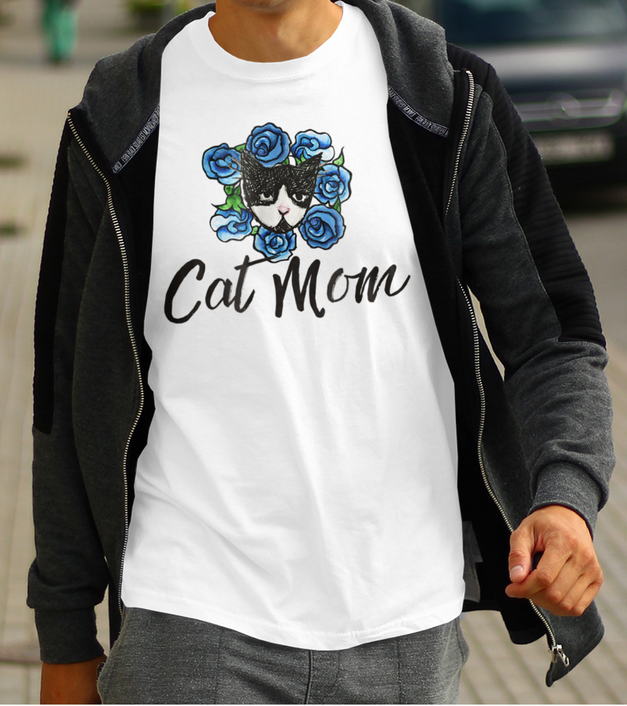 Cat Mom Floral Tuxedo Cat Blue Roses T-Shirt