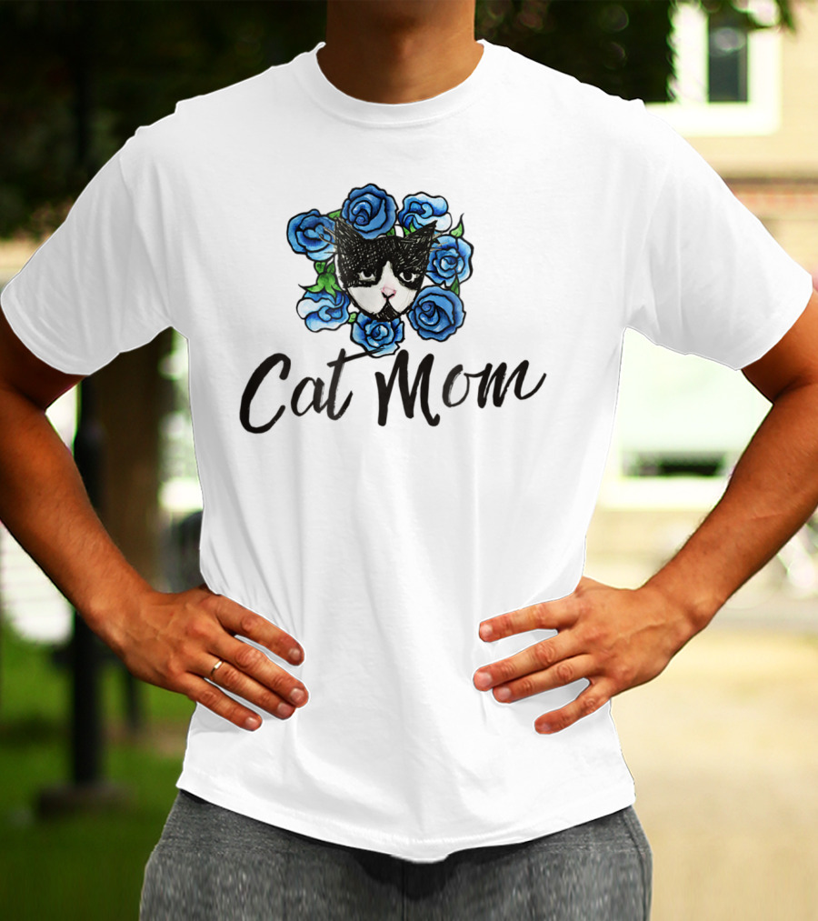 Cat Mom Floral Tuxedo Cat Blue Roses T-Shirt