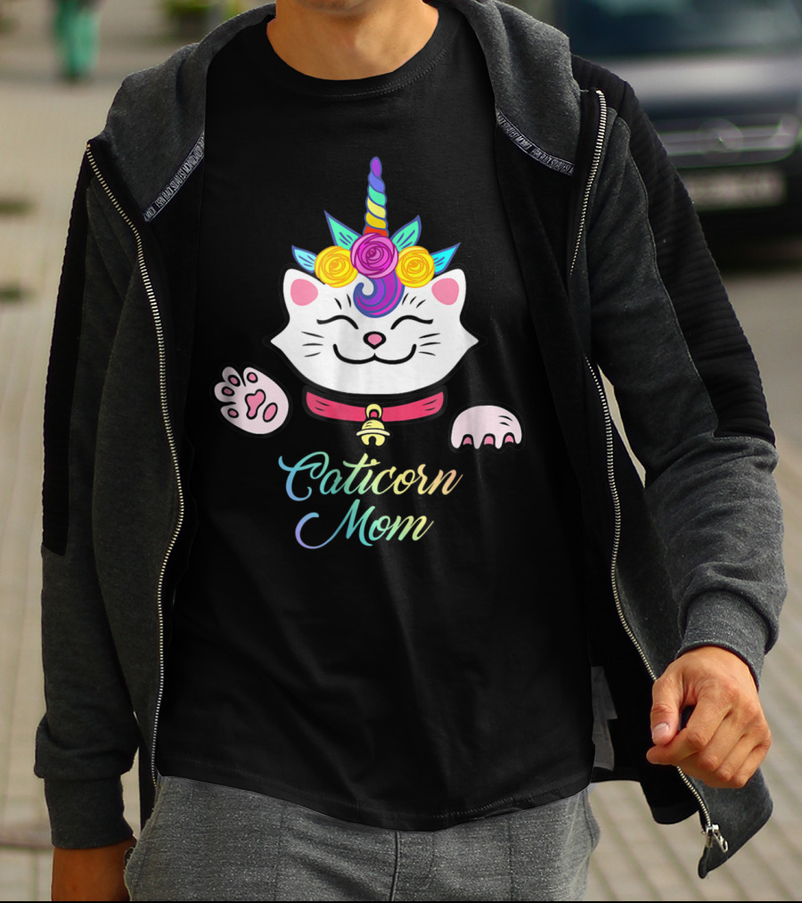 Caticorn Mom Cute Kitten Rainbow Unicorn Cat With Flowers T-Shirt