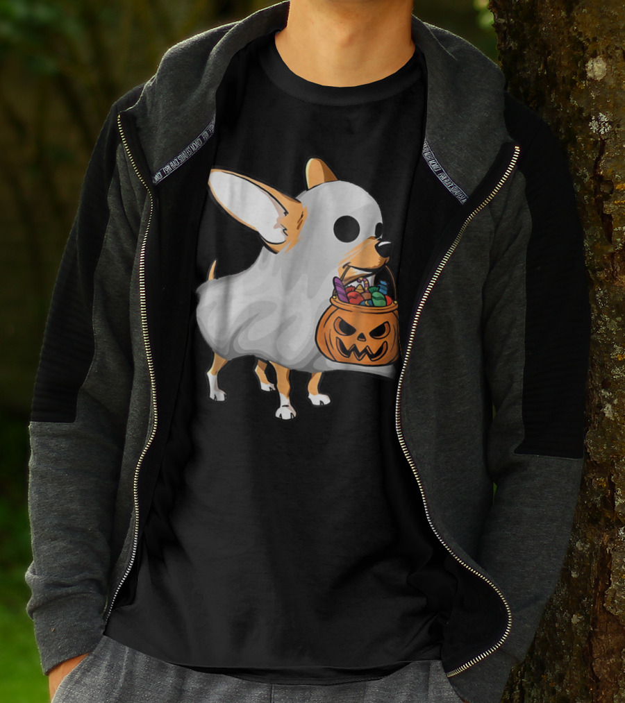 Ghost Chihuahua Trick-or-Treat Pumpkin Basket T-Shirt