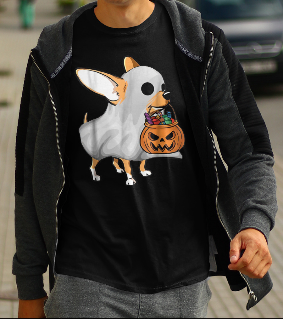 Ghost Chihuahua Trick-or-Treat Pumpkin Basket T-Shirt