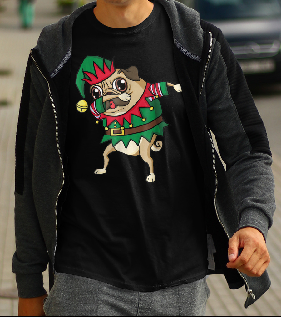 Christmas Dabbing Pug Dog Elf Costume With Festive Hat And Green Red T-Shirt