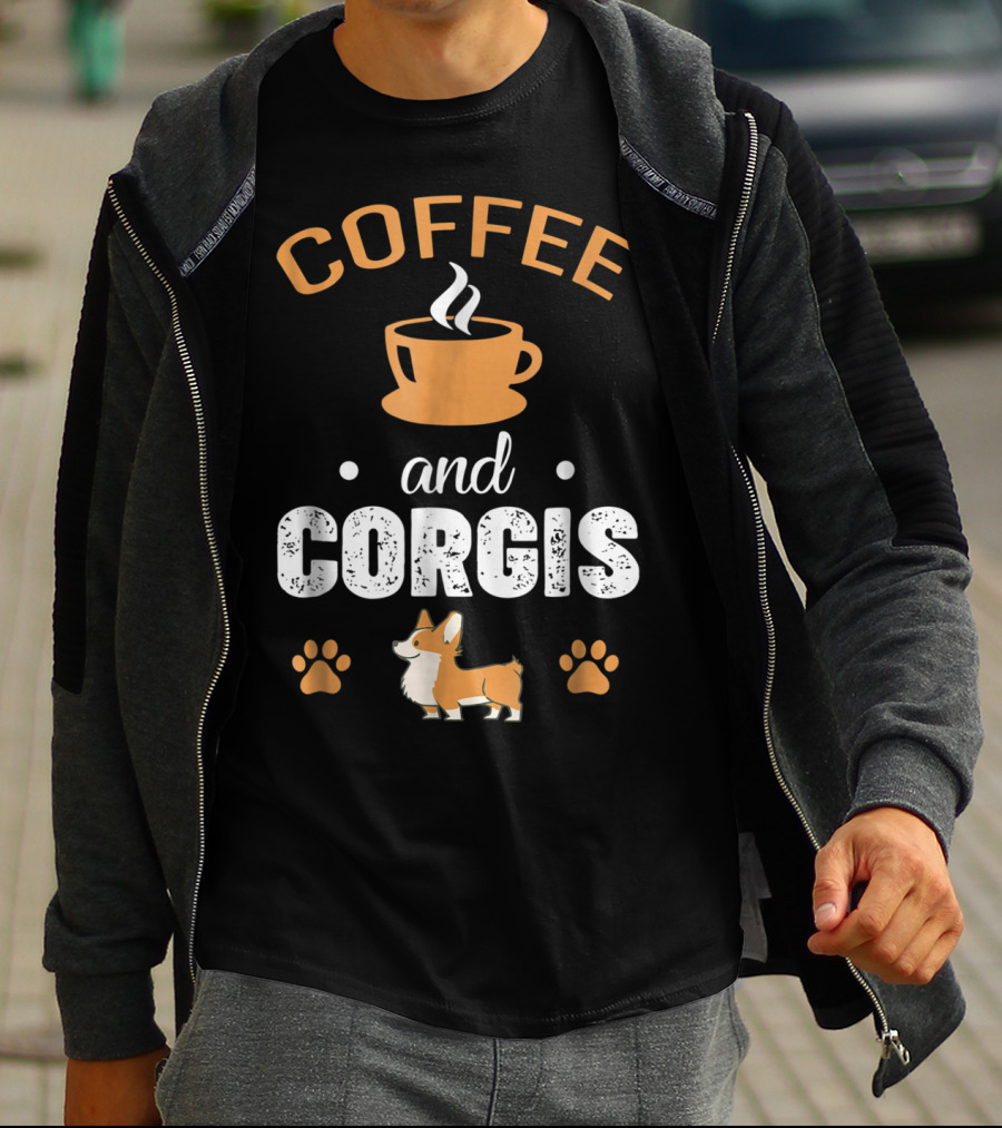Coffee And Corgis Cute Welsh Corgi With Paw Prints And Coffee Cup T-Shirt