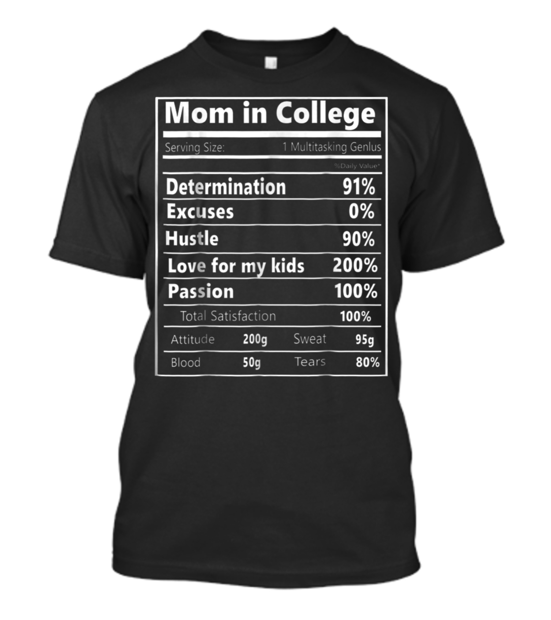 Mom In College Nutrition Facts Determination 91% Hustle 90% Love For My Kids 200% Passion 100% Total Satisfaction T-Shirt