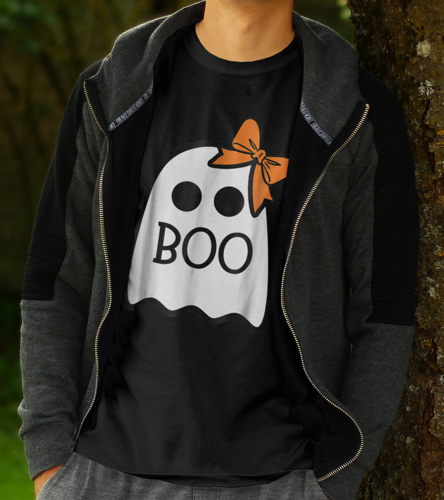 Cute Ghost Boo With Orange Bow For Halloween T-Shirt