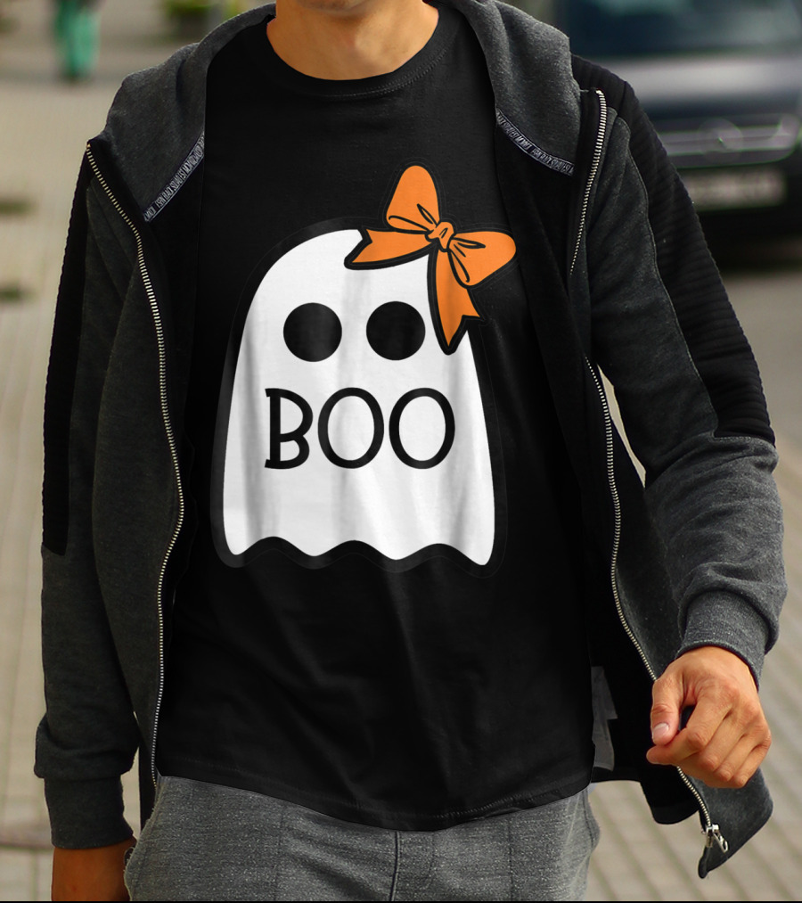 Cute Ghost Boo With Orange Bow For Halloween T-Shirt