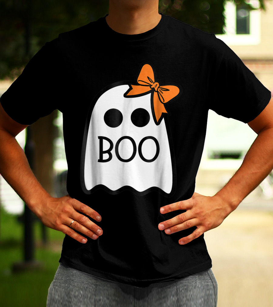 Cute Ghost Boo With Orange Bow For Halloween T-Shirt