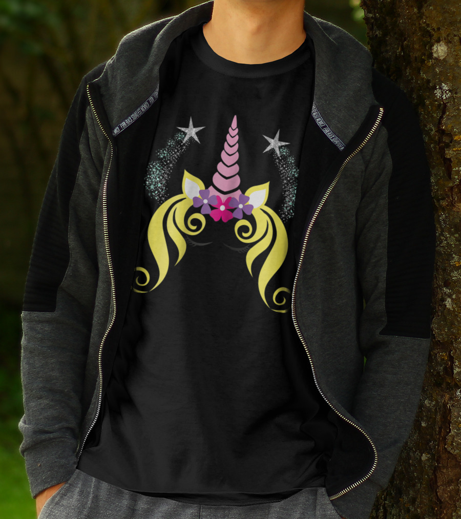 Floral Unicorn Face With Sparkling Stars Birthday T-Shirt