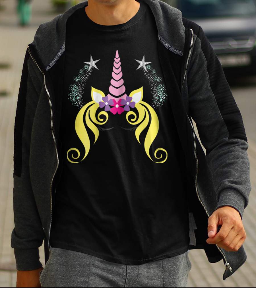 Floral Unicorn Face With Sparkling Stars Birthday T-Shirt