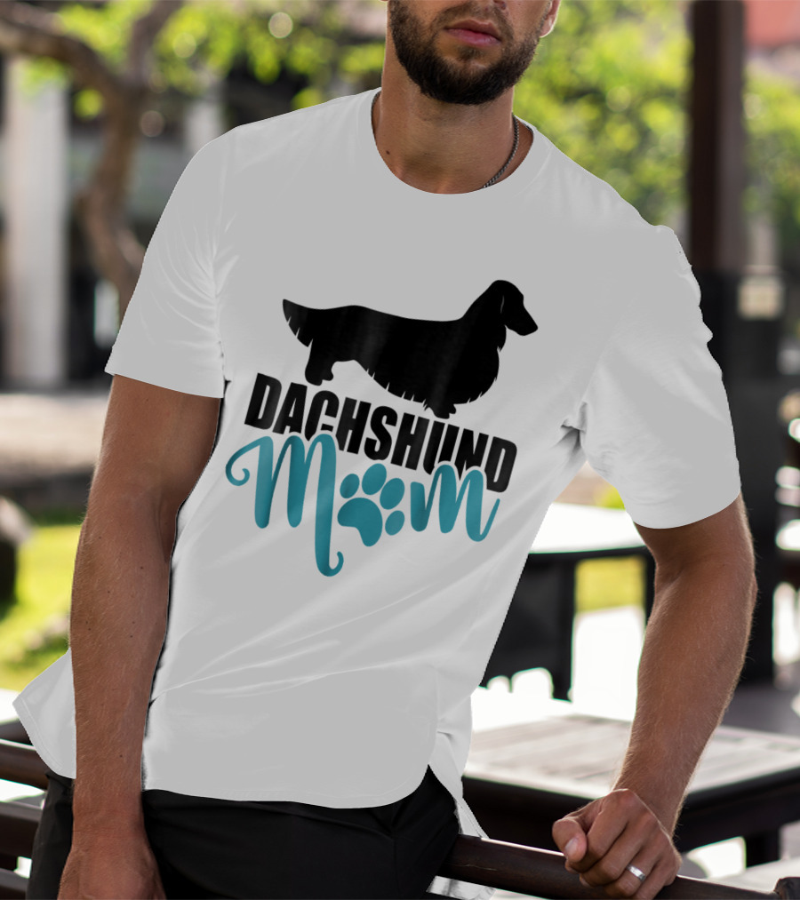 Dachshund Mom Longhair Silhouette With Blue Pawprint Accent T-Shirt