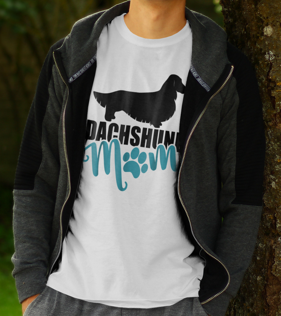 Dachshund Mom Longhair Silhouette With Blue Pawprint Accent T-Shirt