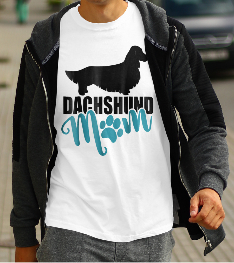 Dachshund Mom Longhair Silhouette With Blue Pawprint Accent T-Shirt