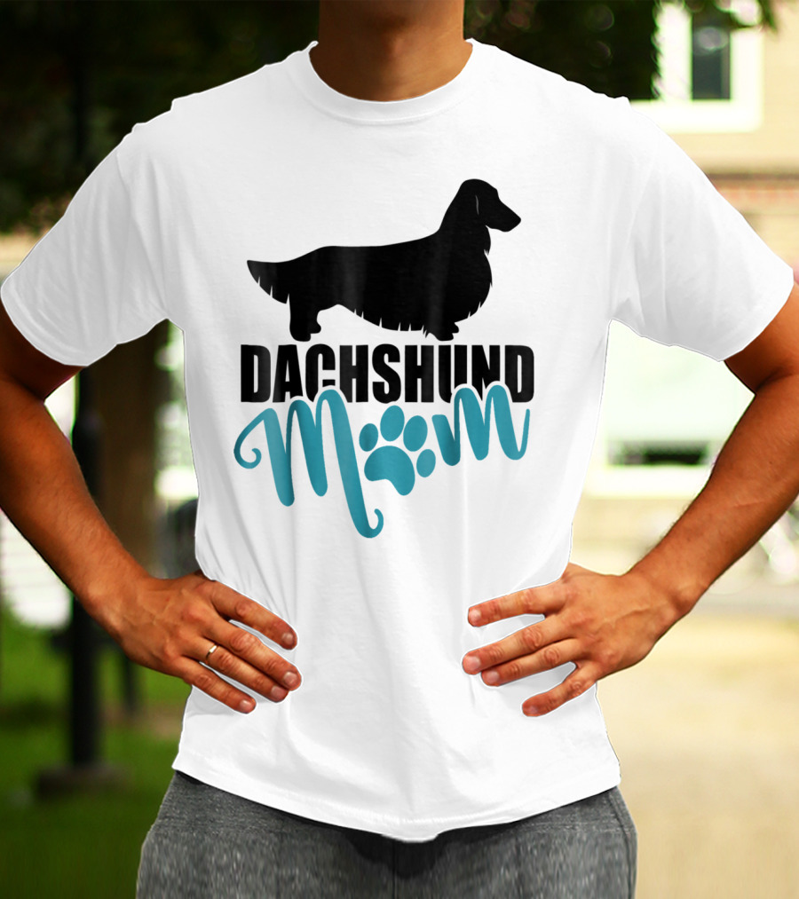 Dachshund Mom Longhair Silhouette With Blue Pawprint Accent T-Shirt