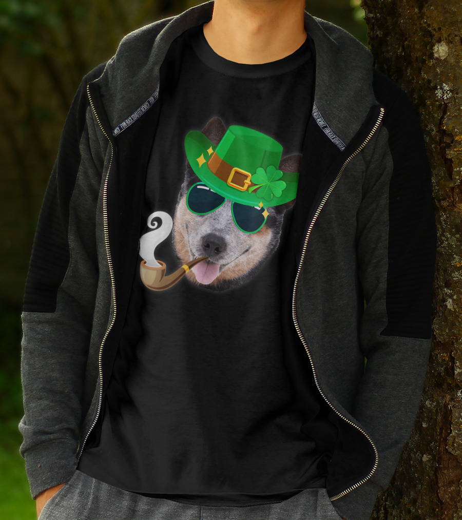 Australian Cattle Dog Leprechaun With Pipe And Shamrock Hat T-Shirt