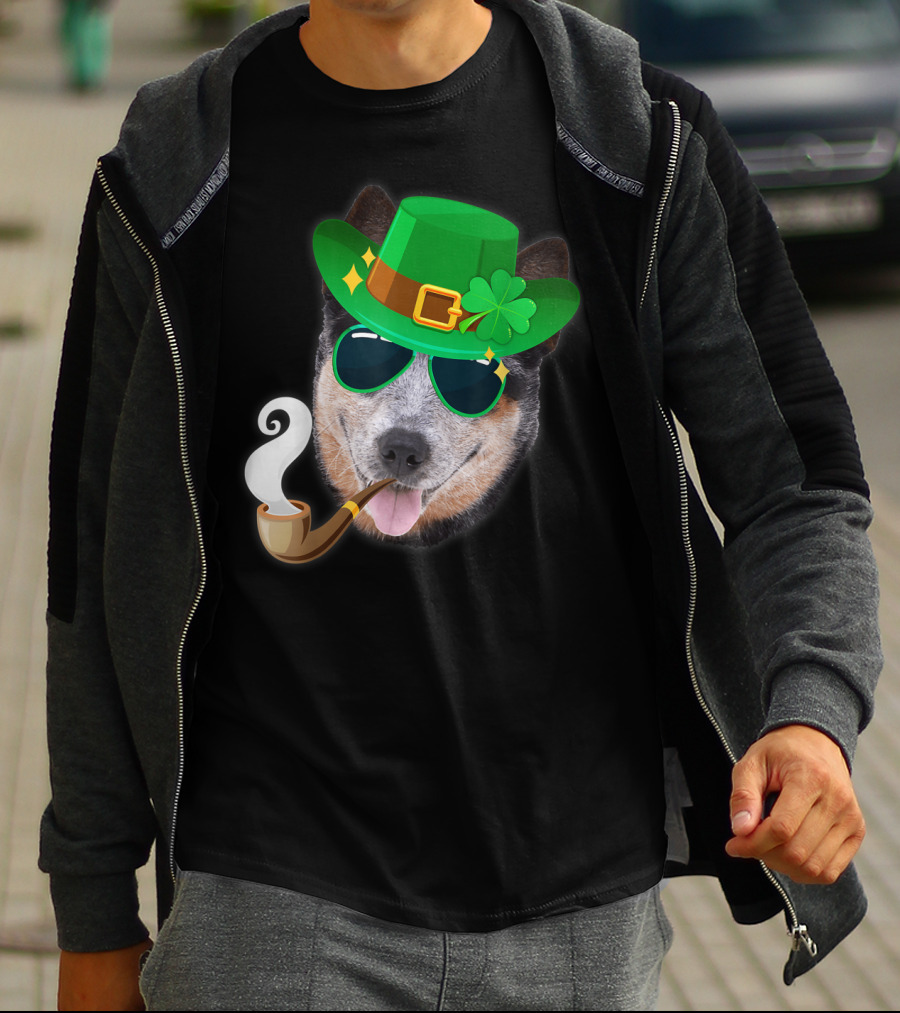 Australian Cattle Dog Leprechaun With Pipe And Shamrock Hat T-Shirt