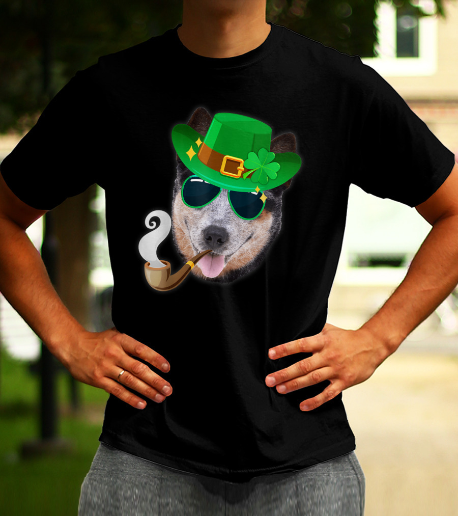 Australian Cattle Dog Leprechaun With Pipe And Shamrock Hat T-Shirt