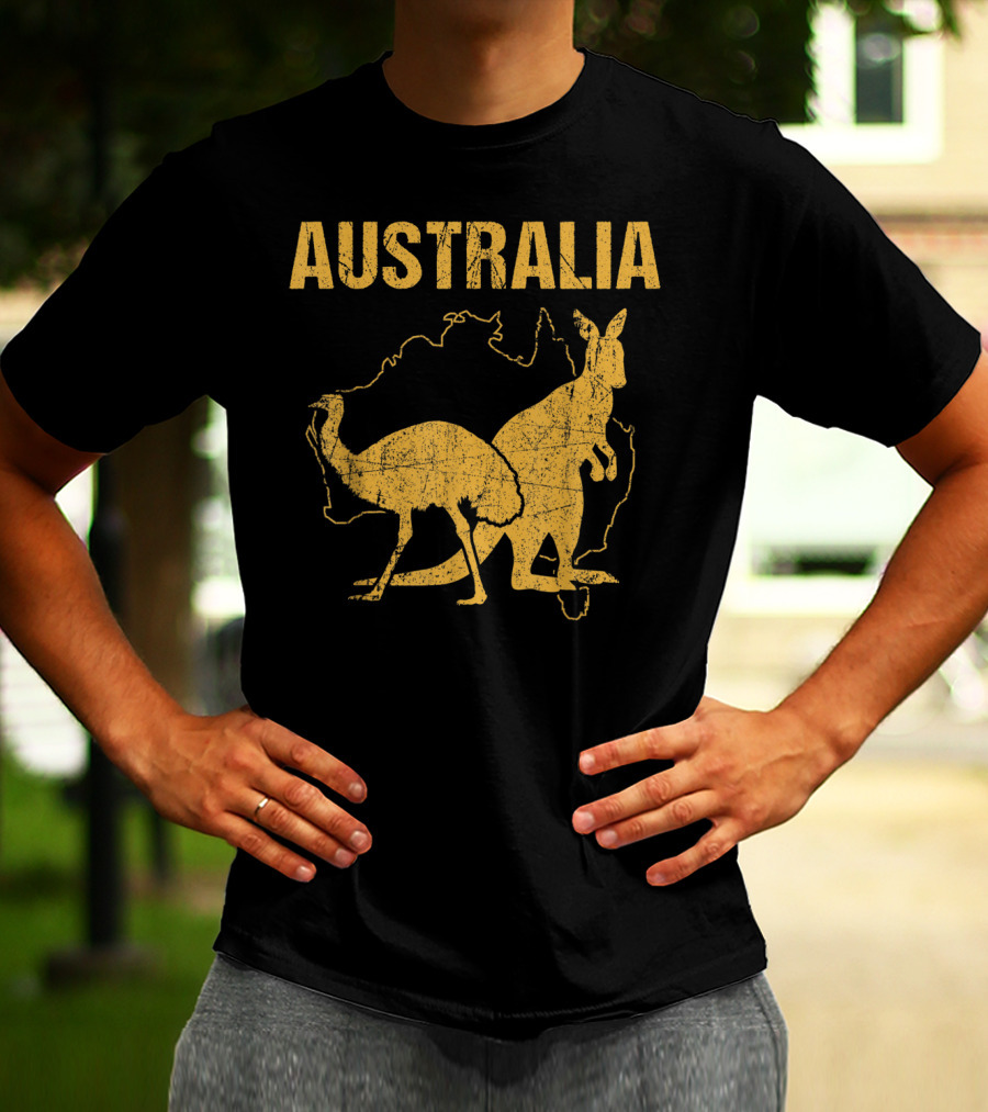 Australia Kangaroo And Emu Silhouette Map T-Shirt