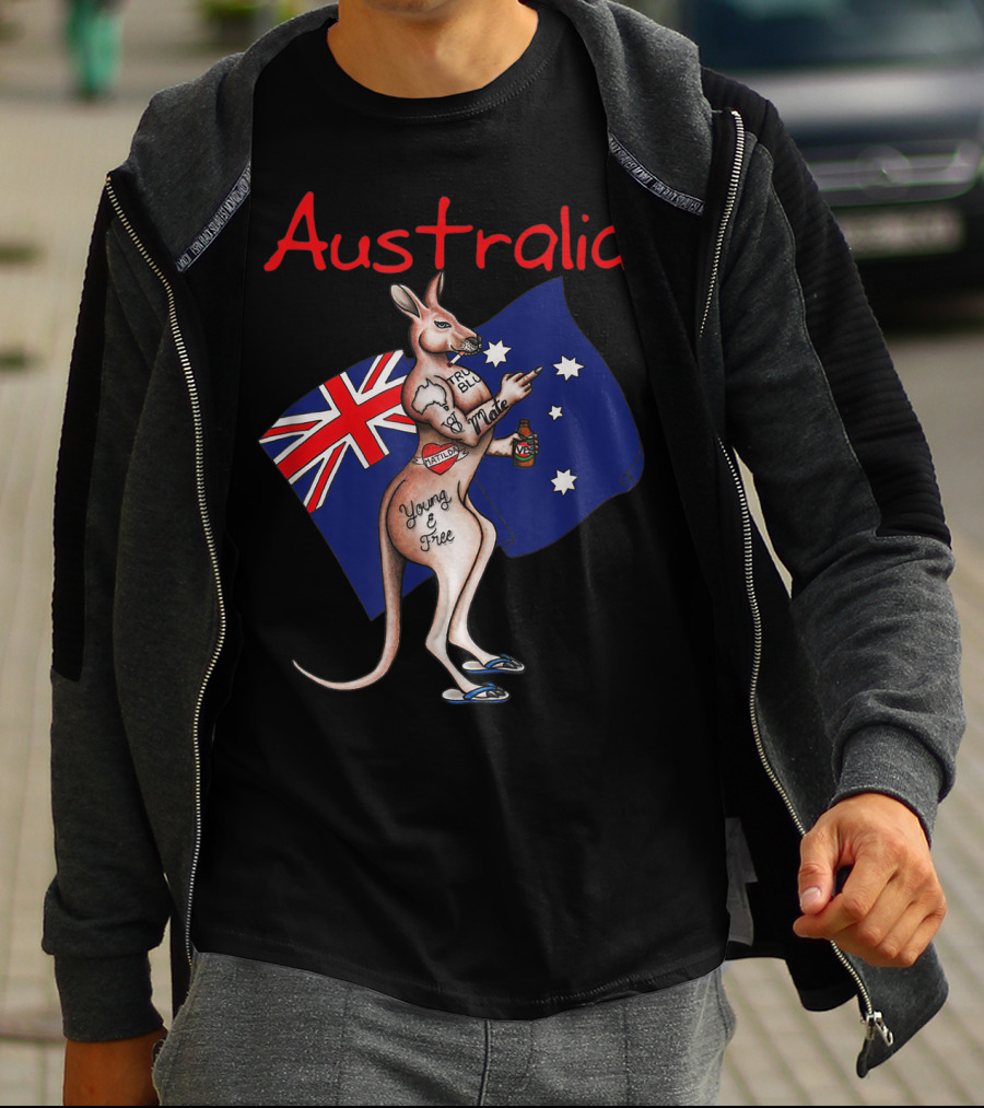 Australia Tattooed Kangaroo Young And Free Flag T-Shirt