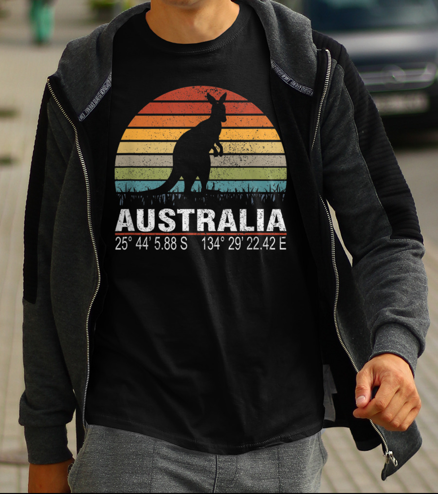 Australia Retro Kangaroo Silhouette Sunset With GPS Coordinates T-Shirt