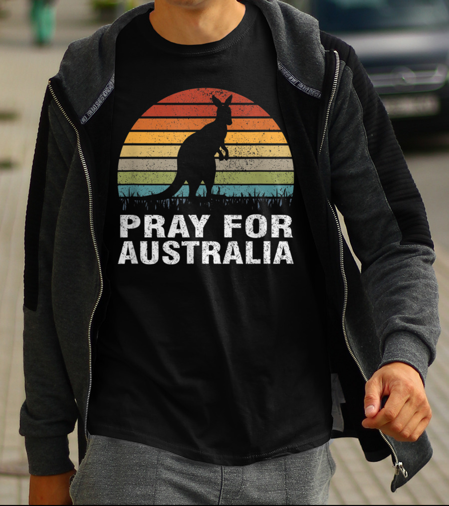 Retro Sun Stripes Kangaroo Silhouette Pray For Australia T-Shirt