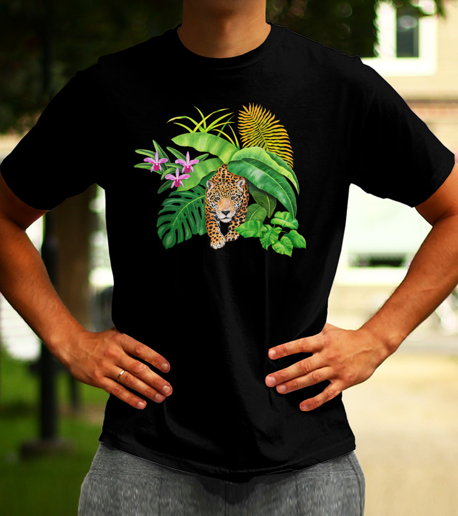 Jaguar Amongst Amazonas Foliage With Orchid Flowers Australia Animal Print Cat T-Shirt