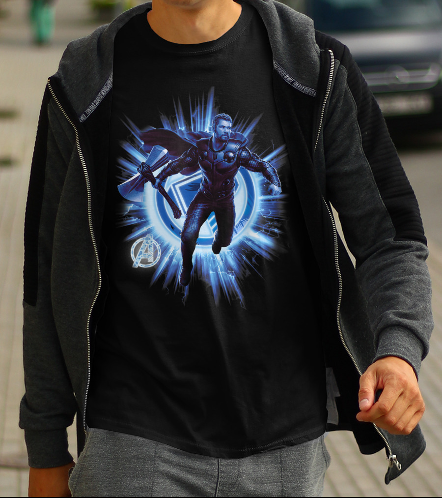 Thor Avengers Endgame Blast With Axe And Blue Lightning Background T-Shirt