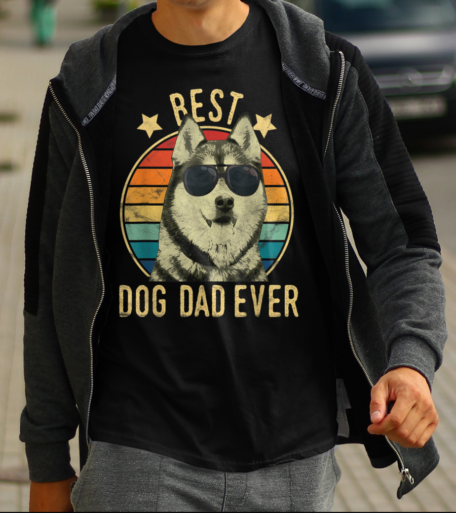 Mens Best Dog Dad Ever Siberian Husky Wearing Sunglasses T-Shirt
