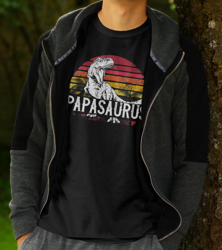 Mens Father's Day Papasaurus Dinosaur Retro Sunset T-Shirt