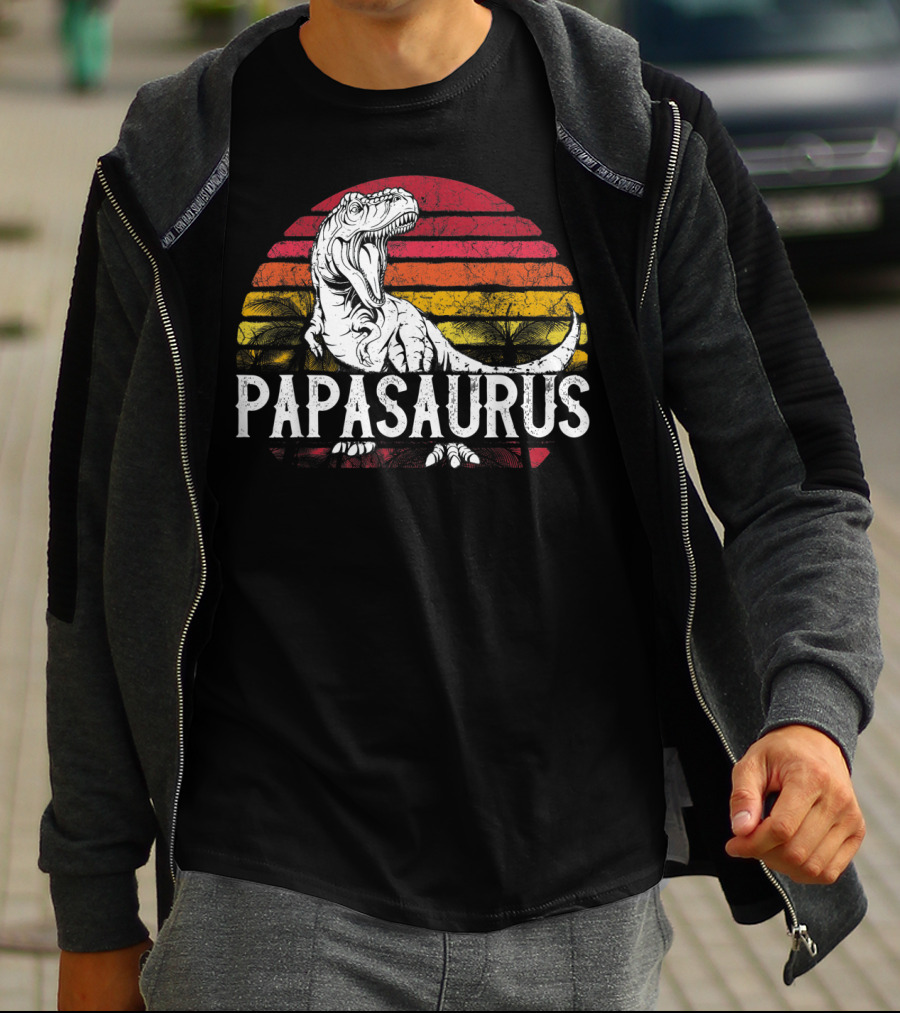 Mens Father's Day Papasaurus Dinosaur Retro Sunset T-Shirt
