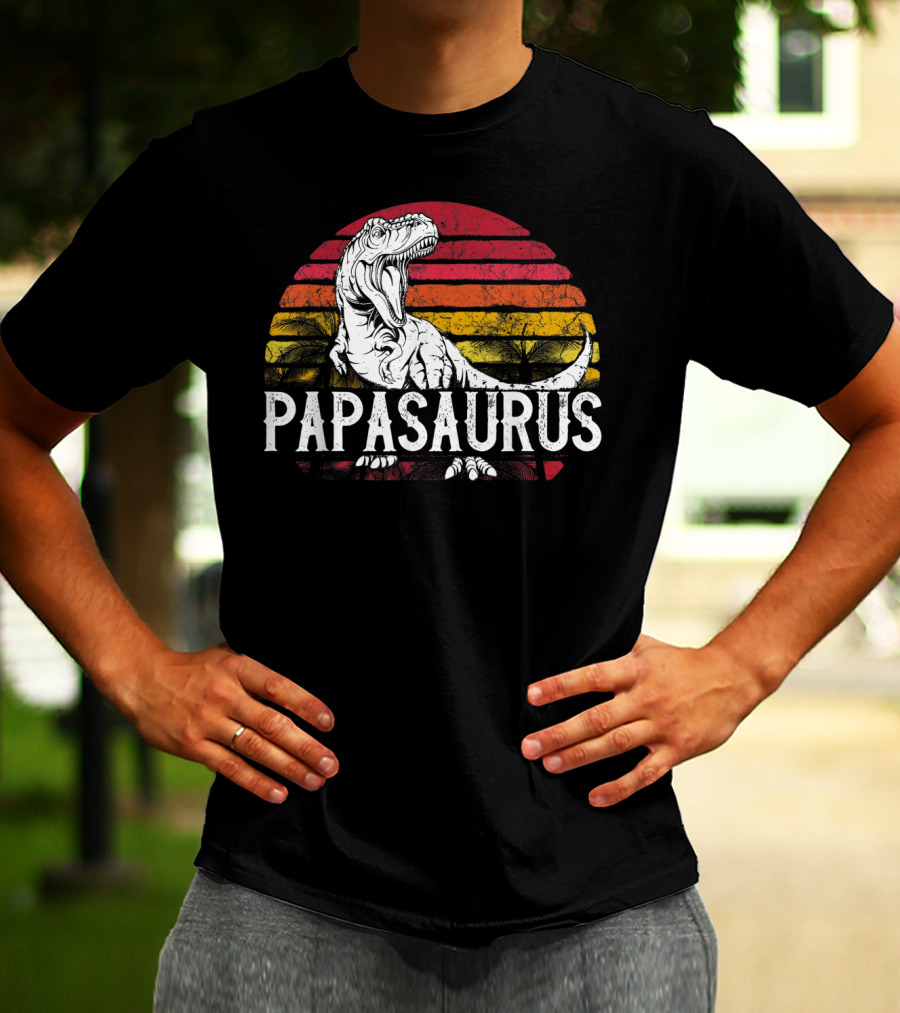 Mens Father's Day Papasaurus Dinosaur Retro Sunset T-Shirt