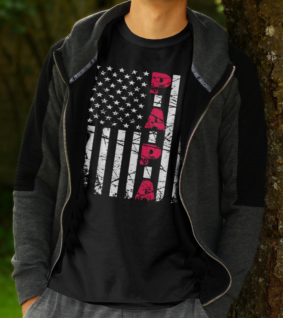 Mens Proud Papa American Flag Christmas Husban T-Shirt