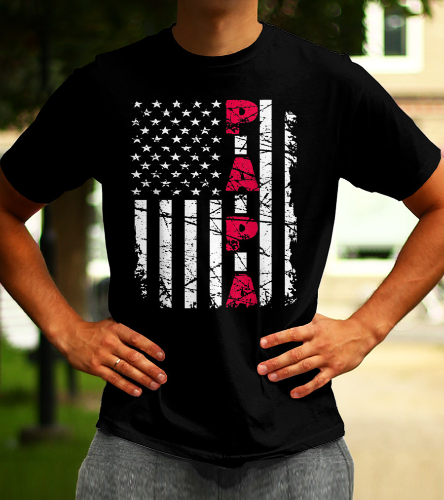 Mens Proud Papa American Flag Christmas Husban T-Shirt