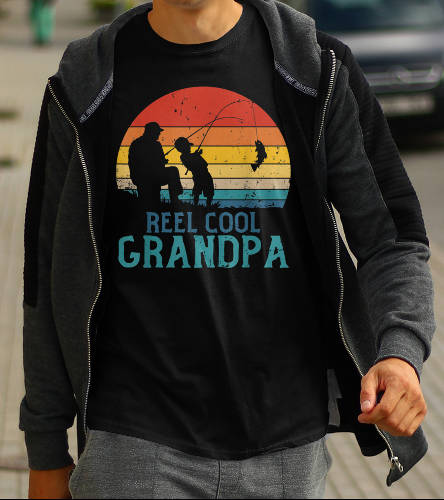 Reel Cool Grandpa Fishing Father's Day Grandfather Retro Sunset T-Shirt