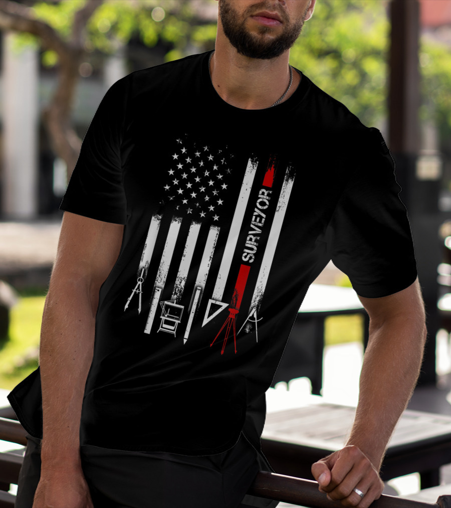 Surveyor American Flag With Tools And Compass Elements T-Shirt