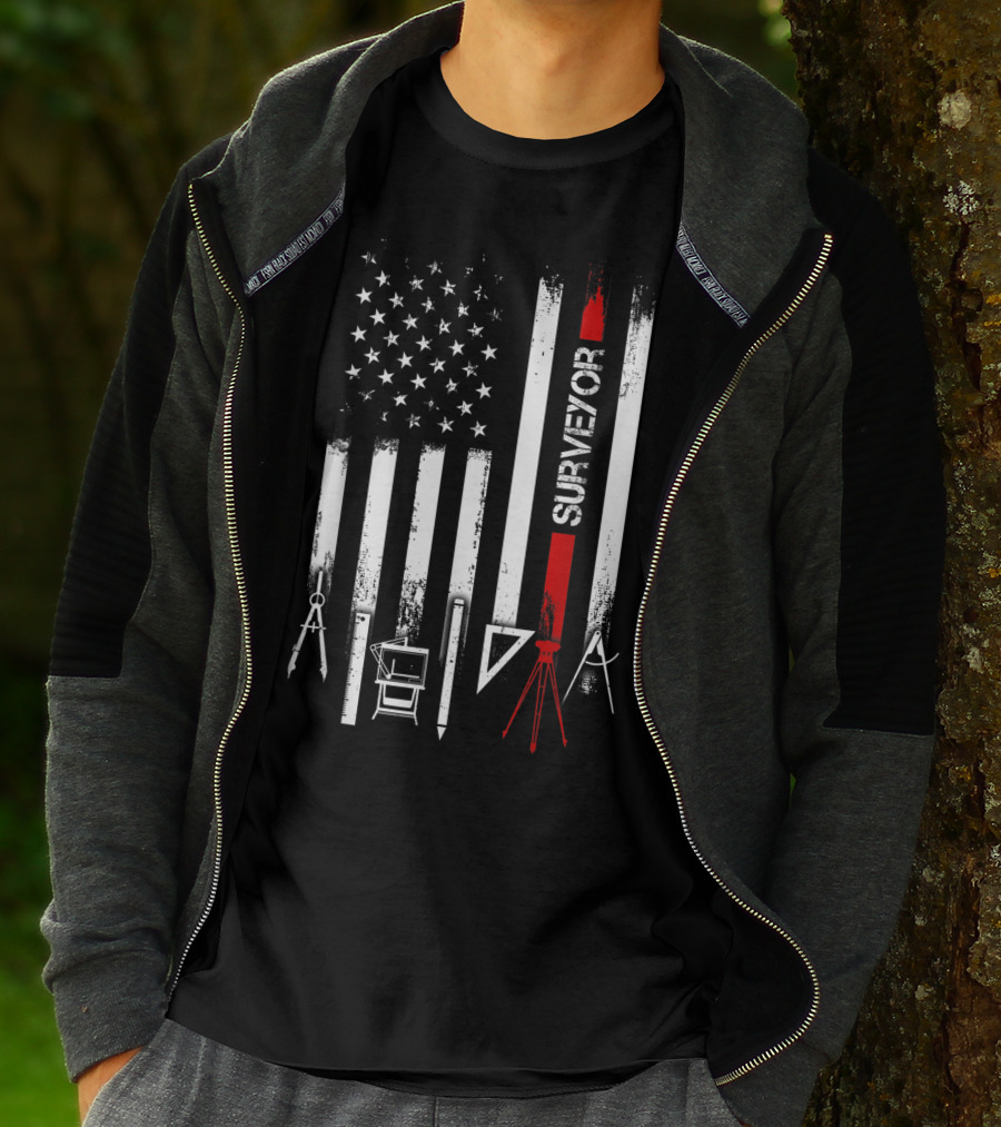 Surveyor American Flag With Tools And Compass Elements T-Shirt