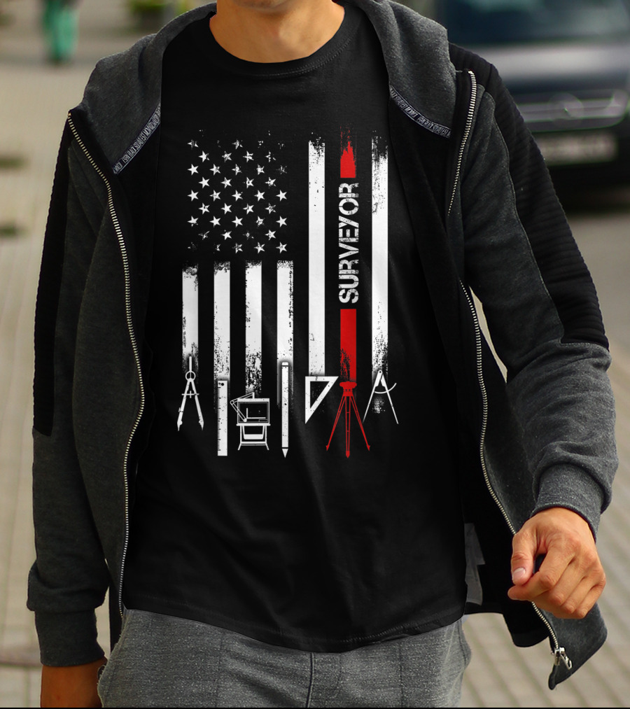 Surveyor American Flag With Tools And Compass Elements T-Shirt