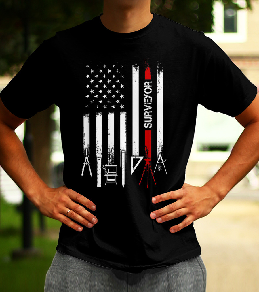 Surveyor American Flag With Tools And Compass Elements T-Shirt