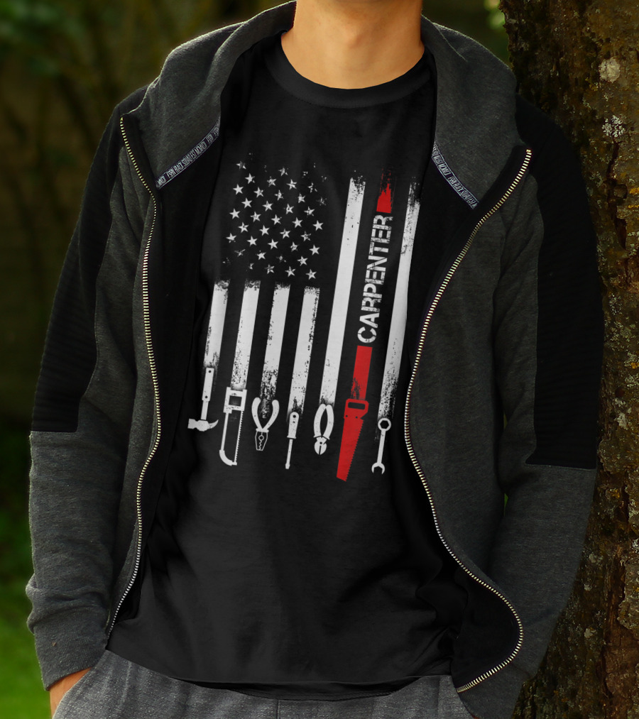 American Flag Carpenter Tools Vertical Stripes Saw Wrench Pliers Hammer T-Shirt