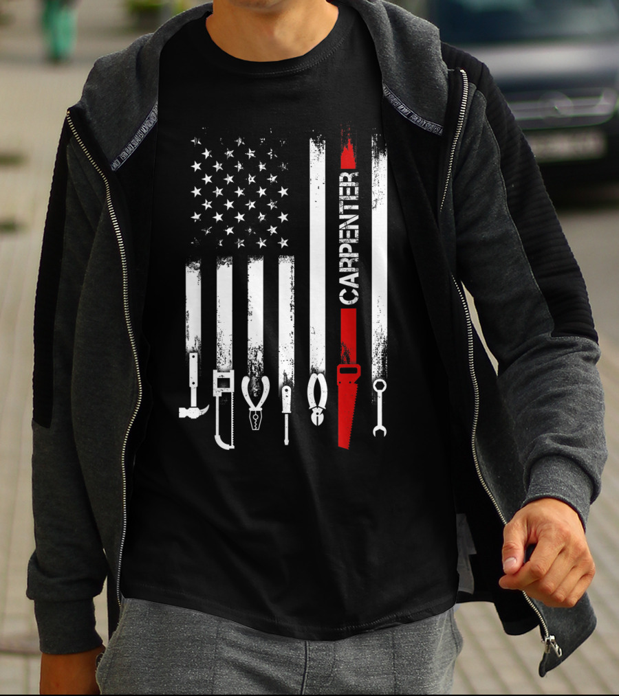 American Flag Carpenter Tools Vertical Stripes Saw Wrench Pliers Hammer T-Shirt