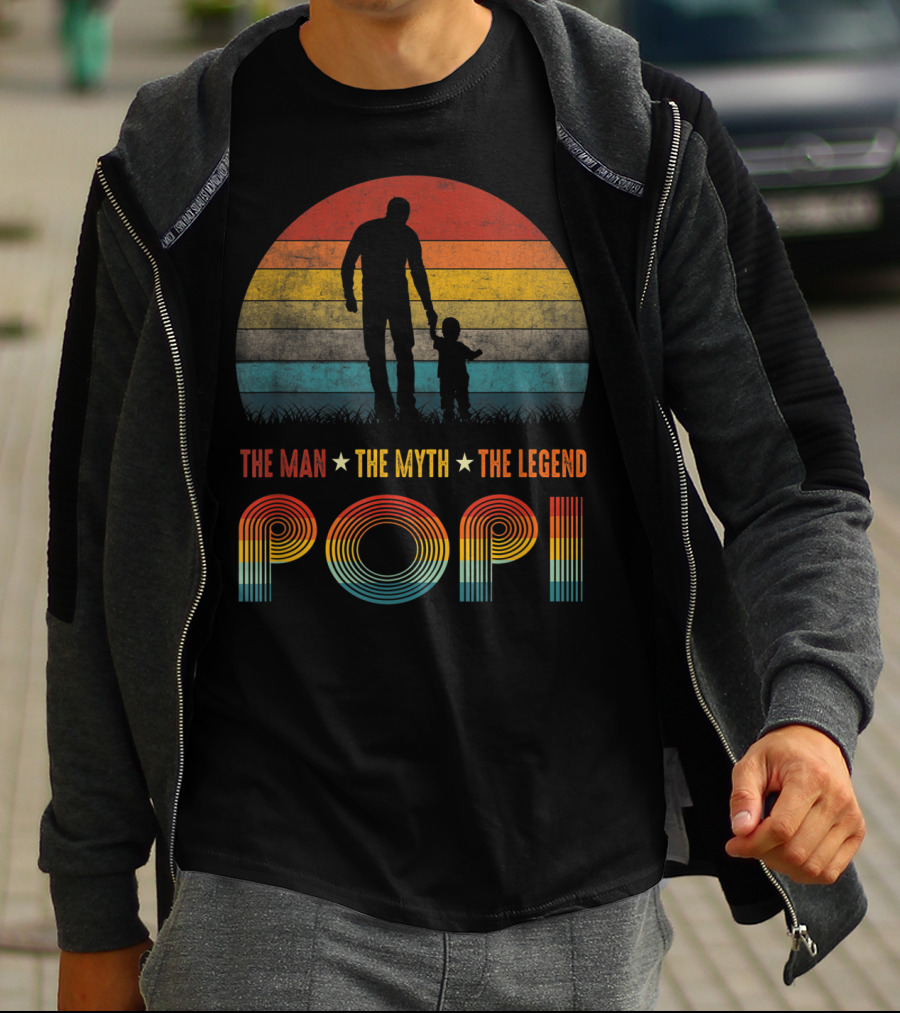 Popi The Man The Myth The Legend Vintage Silhouette Retro Sunset T-Shirt