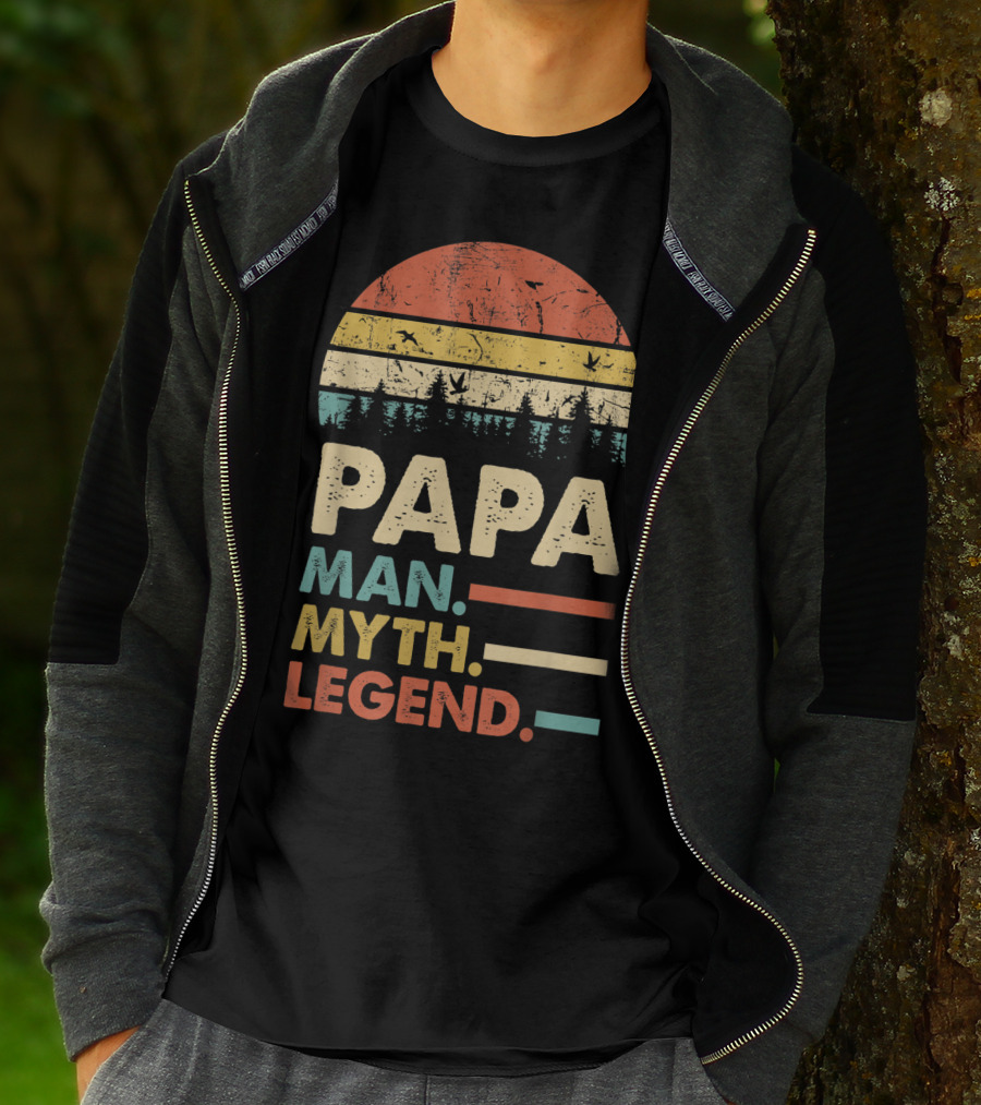 Papa Man Myth Legend Vintage Mens Dad Yx Retro Sunset Forest Birds T-Shirt