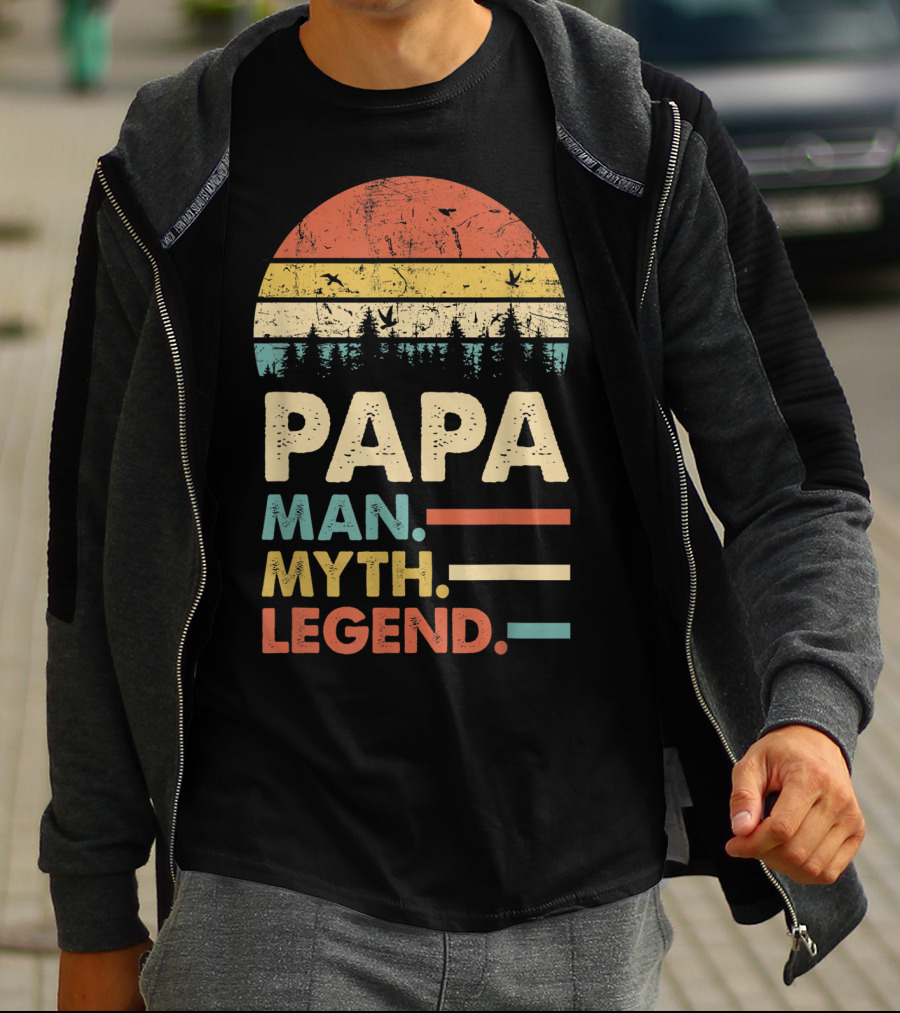 Papa Man Myth Legend Vintage Mens Dad Yx Retro Sunset Forest Birds T-Shirt