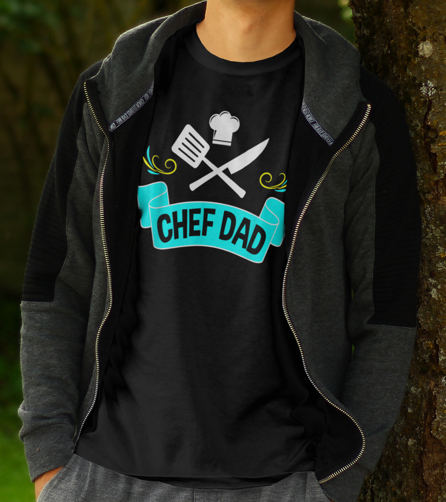 Chef Dad Cooking Daddy Banner With Chef Hat And Cooking Tools T-Shirt