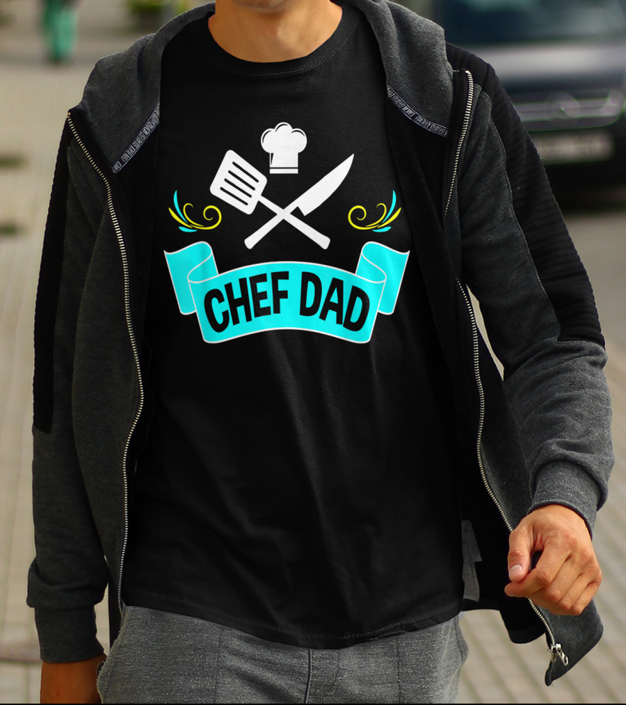 Chef Dad Cooking Daddy Banner With Chef Hat And Cooking Tools T-Shirt
