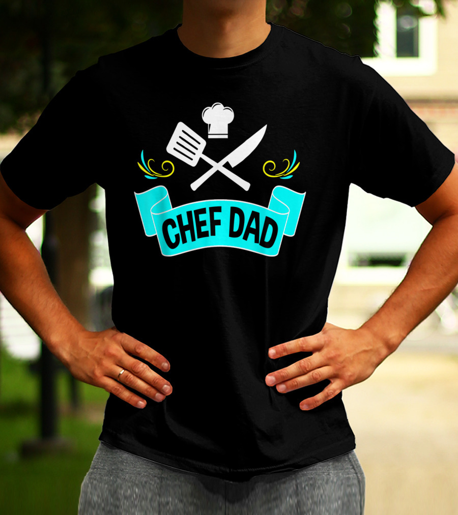 Chef Dad Cooking Daddy Banner With Chef Hat And Cooking Tools T-Shirt