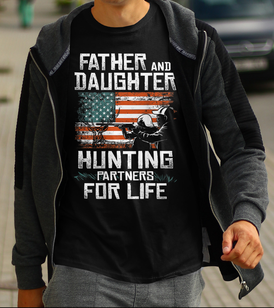 Father And Daughter Hunting Partners For Life American Flag T-Shirt