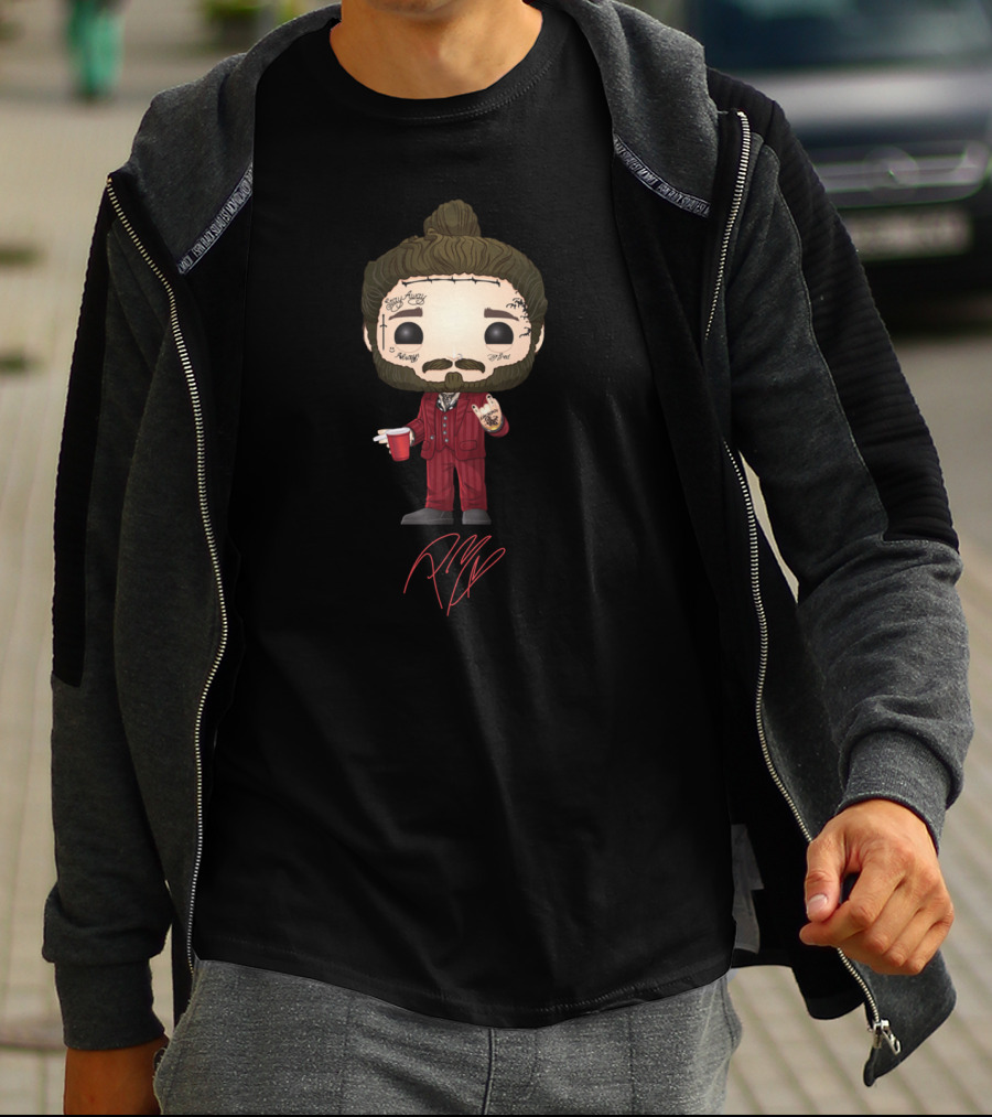 Post Malone Funko Pop Style Character With Tattoos And Red Suit Holding Cup T-Shirt