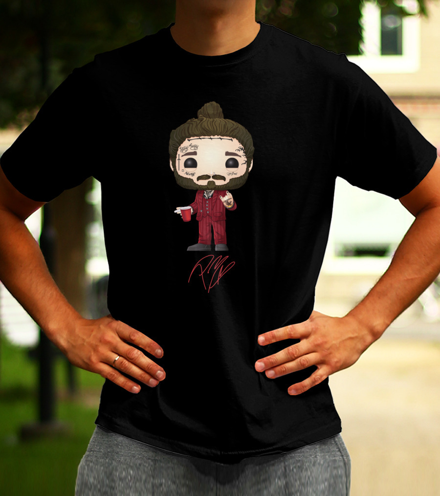 Post Malone Funko Pop Style Character With Tattoos And Red Suit Holding Cup T-Shirt